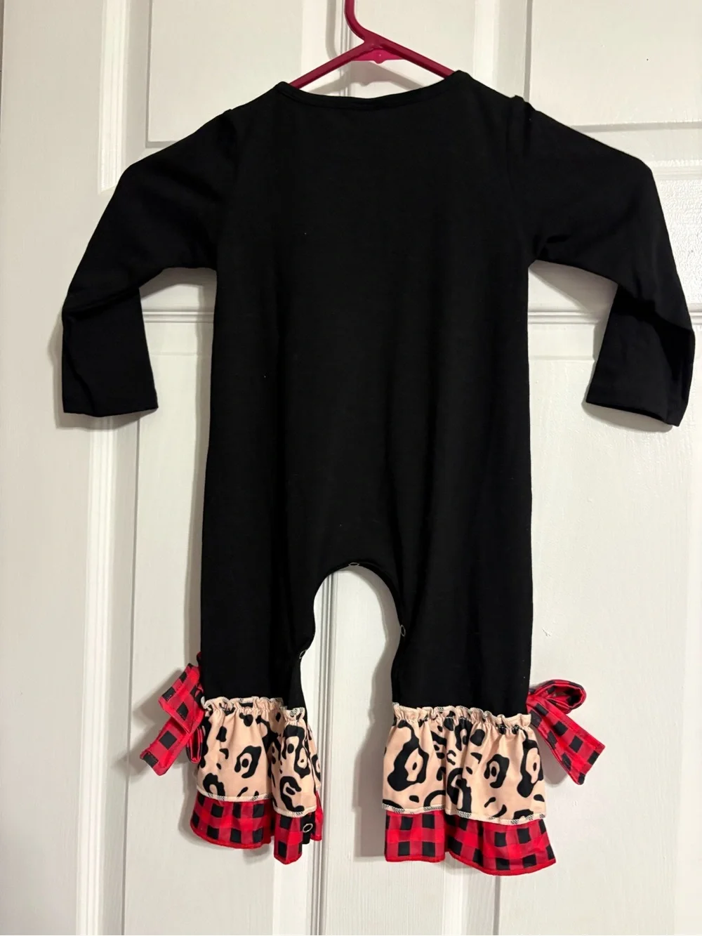 Black Baby Reindeer Romper with Red Bow & Plaid Ruffles size 2 t